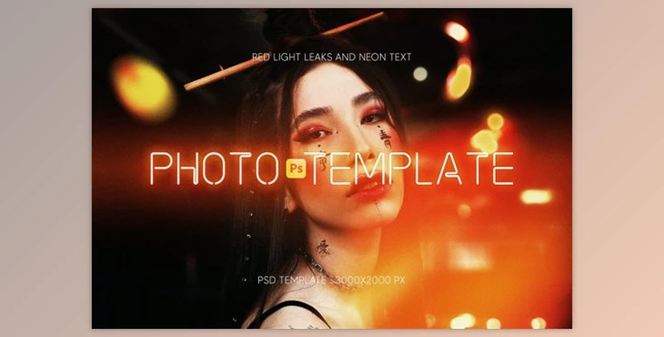 Download Photo Template With Red Light Leaks and Neon Text by Sko4 (PSD, PDF)