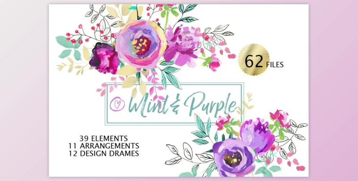Download Mint and Purple Watercolor Flowers By whiteheartdesign (PNG)