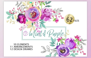 Download Mint and Purple Watercolor <span class='badge badge-warning'>Flowers</span> By whiteheartdesign (PNG)