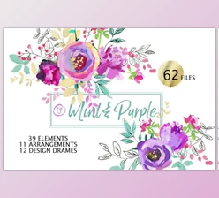 Download Mint and Purple Watercolor Flowers By whiteheartdesign (PNG)