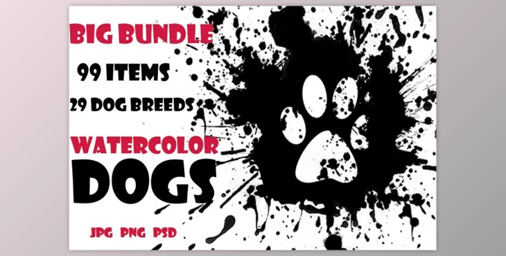 Download Watercolor Dogs set. Big Bundle By Watercolor & Vector (JPG, PSD, PNG)