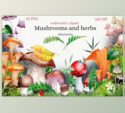 Download Watercolor Cliparts of Mushrooms by CherrypearStudio (PNG)
