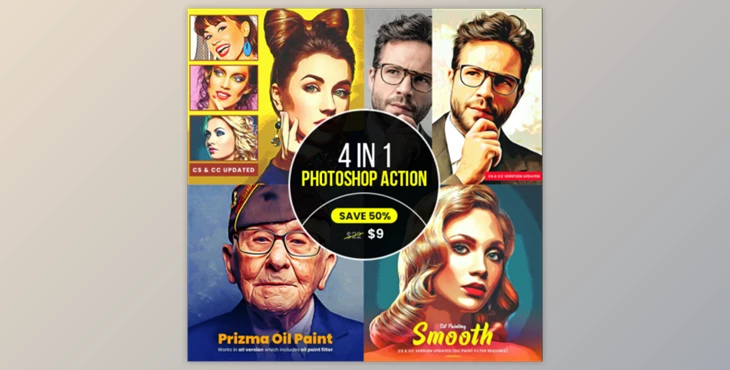 Download 4 in 1 Cartoon Oil Painting PS Action Bundle By U Design (ATN)