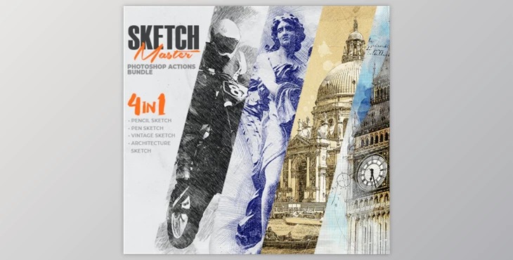 Download 4-in-1 Sketch Master Photoshop Action Bundle By IndWorks (ABR, PAT, ATN)