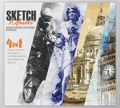 Download 4-in-1 Sketch Master Photoshop Action Bundle By IndWorks (ABR, PAT, ATN)